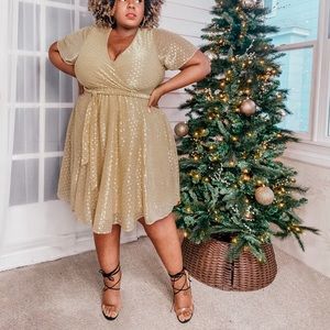 GOLD METALLIC POLKA DOT MESH WRAP DRESS